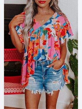 Women’s Floral V-Neck Flutter Sleeve Top - Pink Multicolor